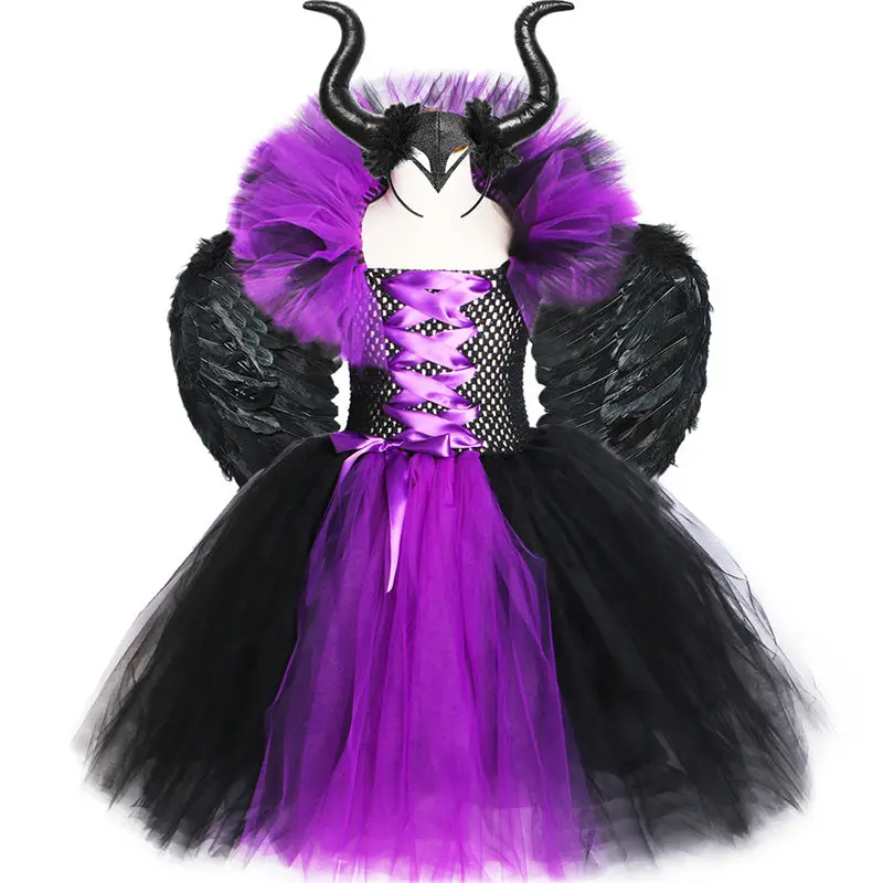 2022 New Cossky Maleficent Halloween Costume Dress Deluxe Girls Fancy Christening Gown Tutu Dress Kids Demon Queen Witch Clothes