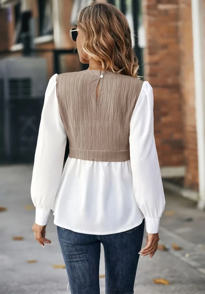 Patchwork Fake Two Shirts For Women 2023 Casual O-neck Puff Sleeve Wave Blouse Autumn Fashhion Slim Button Top Femme