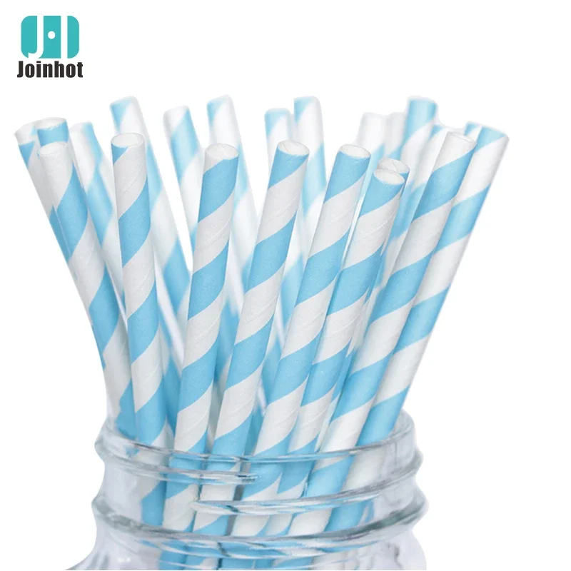 Paper Straws, 50 Baby Blue and White Stripe Straws and Silver Star straws