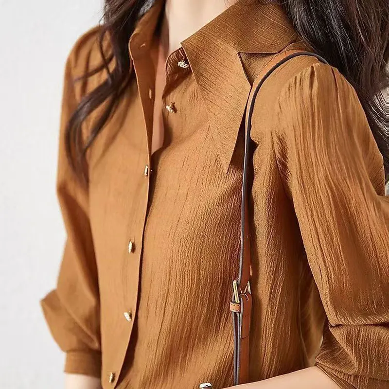 Office Lady Korean Loose Blouse Spring Autumn Fashion Irregular Turn-down Collar Female Clothing Commute Single-breasted Shirt
