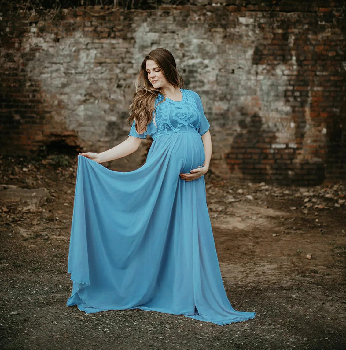 

Floral Lace Chiffon Maternity Dress for Photoshoot Baby Shower Patchwork Formal Short Sleeve A-line Empire Waist Party Dress