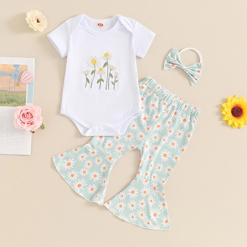 2024-03-29 lioraitiin 3Pcs Baby Girl Casual Set Short Sleeve Romper with Daisy Pattern Flare Pants and Headband Outfit