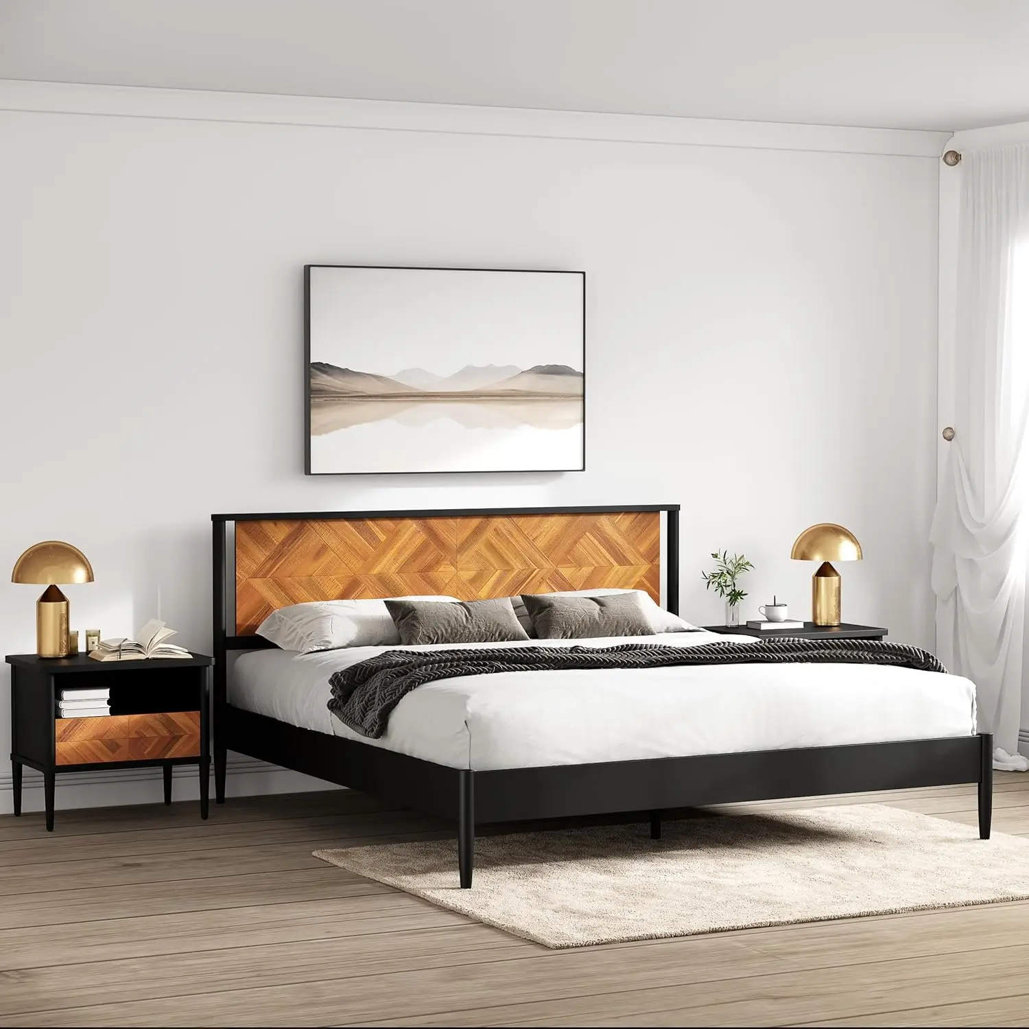 Queen Size Heavy Duty Platform Bed Frame with Headboard,Solid Wood Bed Frame, No Box Spring Needed, - Queen - Teak Brown 6
