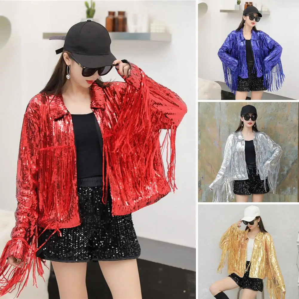 

Stage Show Cardigan Short Type Reflective Cardigan Loose Fit Sequins Tassel Club Jacket Coat