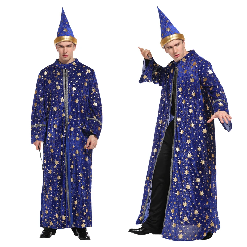 HalloweenMenBlueRobeAndHatStarMoonMagicMagicianWizardCostume