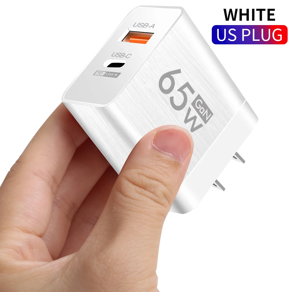 Ładowarka ścienna PD 65W GaN do telefonu Szybkie ładowanie Typ C USB Podwójne porty Ładowarka Adapter do telefonu komórkowego iPhone Xiaomi Samsung Huawei