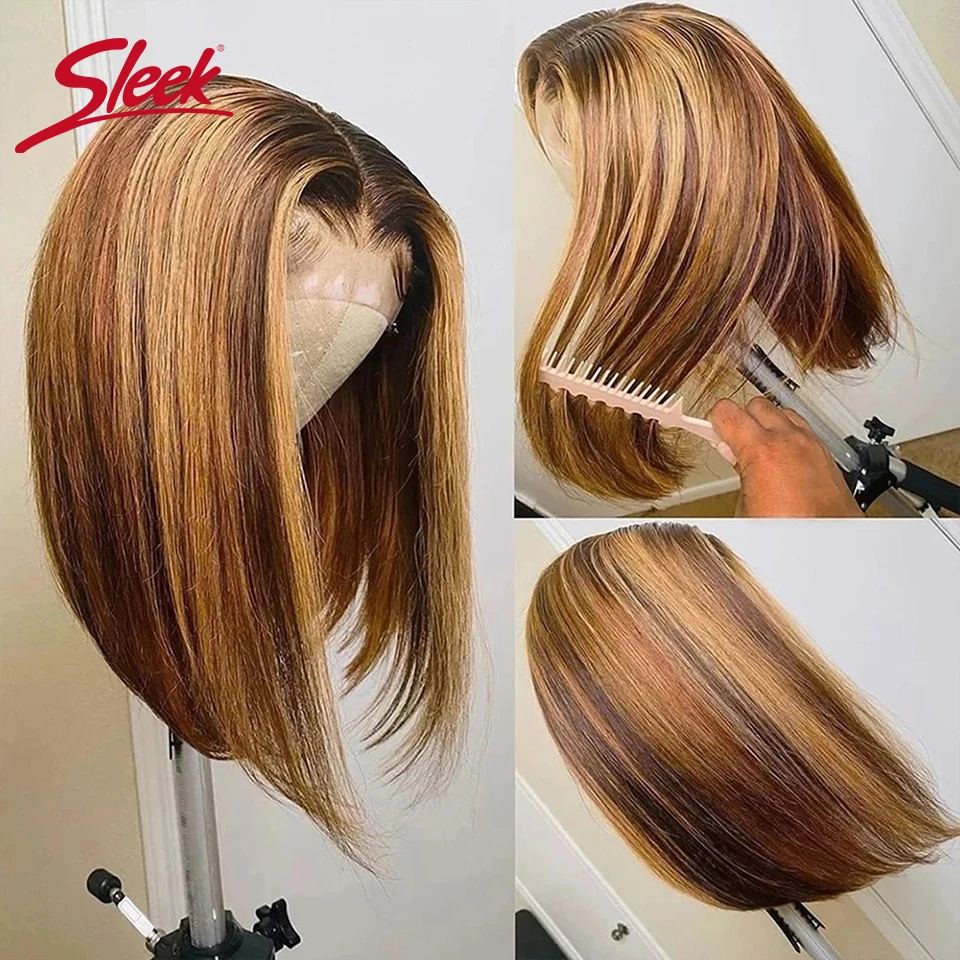 Highlight P4/27 Bob Wigs Brazilian Straight 13x4 T Lace Front Bob Wig Sleek Remy Human Hair Wigs 220% Density Orange Color