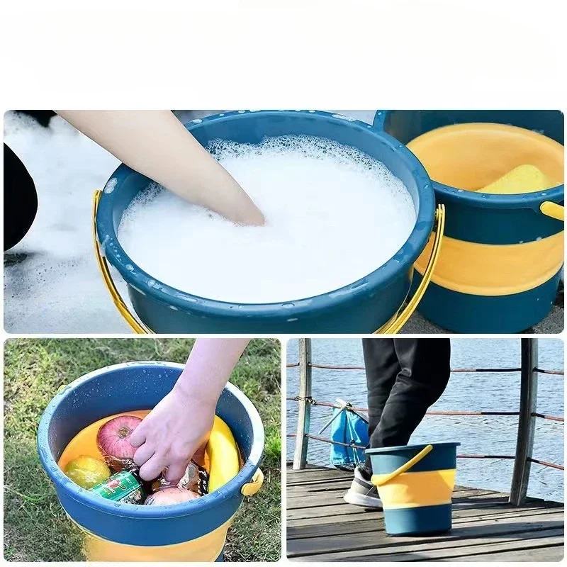 Folding Bucket Fishing Bucket Folding Portable Bucket with Cover Car Wash Fishing Bathroom Tool Silicone 5L/10L