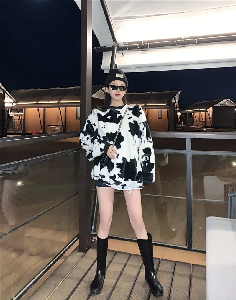Flannel Pattern Leopard Print Long Sleeve O-Neck Retro Pullover Sweatshirt Graphic Hoodie Ladies Clothes Top Casual Winter