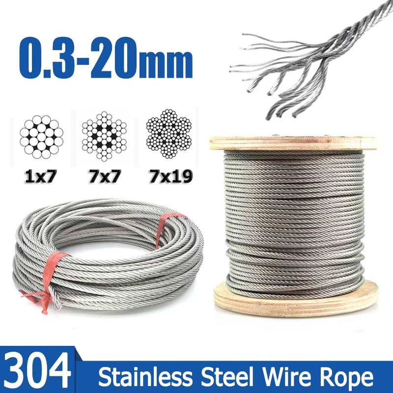 1-20M Diameter 0.3-10mm 304 Stainless Steel Wire Rope 1X7 7X7 7X19 Structure Alambre Cable Softer Fishing Lifting Cable Bearing