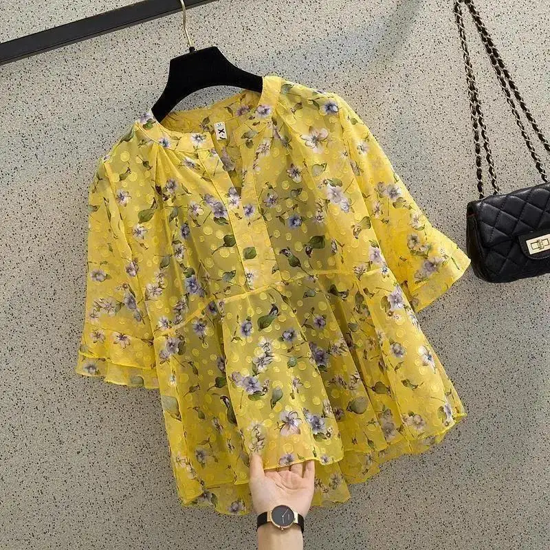 2024 Summer New Fashion Versatile Loose Appear Thin Pullovers V-Neck Spliced Ruffles Half Sleeve Printed Chiffon Women's Tops