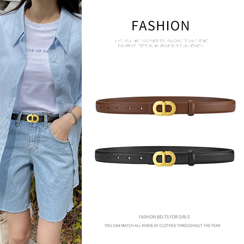New Women's Belt Fashion Versatile Alloy Button Jeans Belt Summer Leather Decoration Suit with Skirt Thin Belt