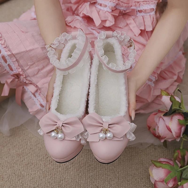 

2024 new Spring winter women pumps plus size 22-28cm lace bow buckle Lolita shoes cute mary jane warm high heel women shoes