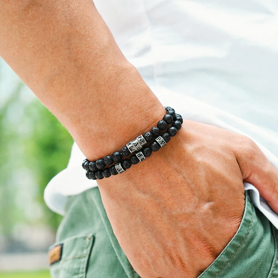 Men Black Lava Onyx Stone Meditation Yoga Bracelet Set
