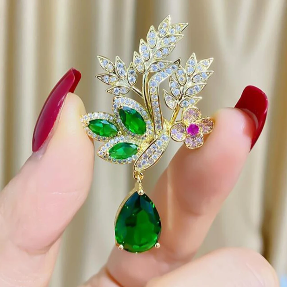 Fashion Flower Bouquet Wheat Ear Brooch for Women Green Yellow Leaves Creative Rhinestone Pin Suit Clothing Jewelry Accessories