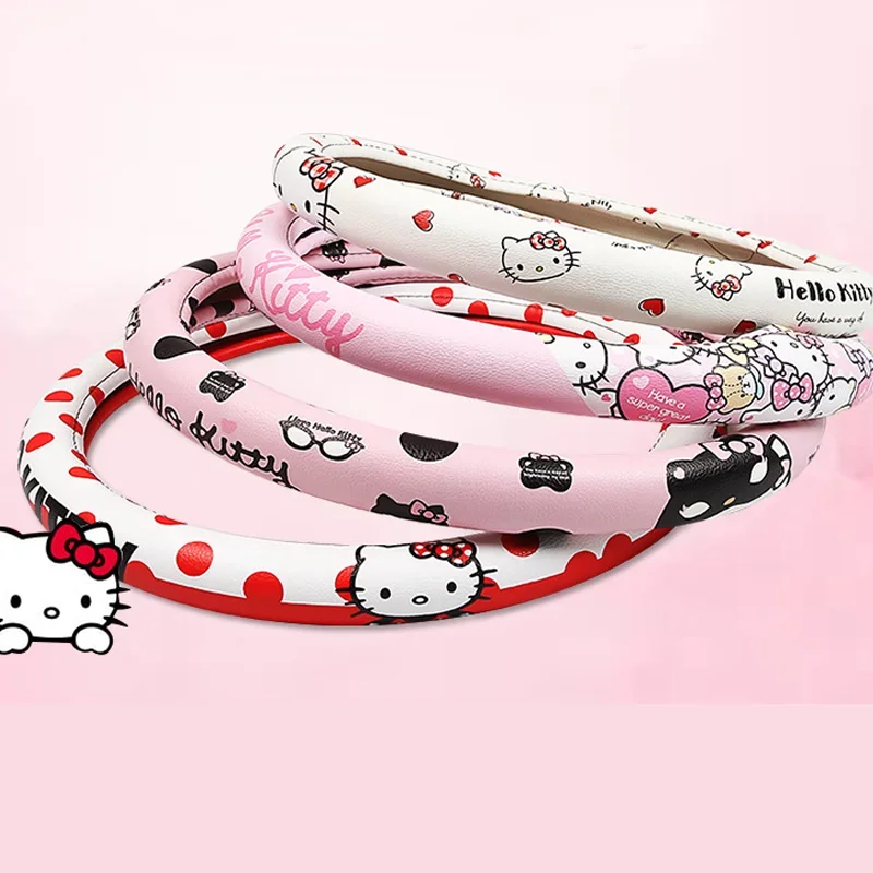 

Чехол на руль автомобиля Kawaii Sanrio, Hello Kitty, мультяшный короткий плюшевый модный кожаный чехол на руль, всесезонный Универсальный