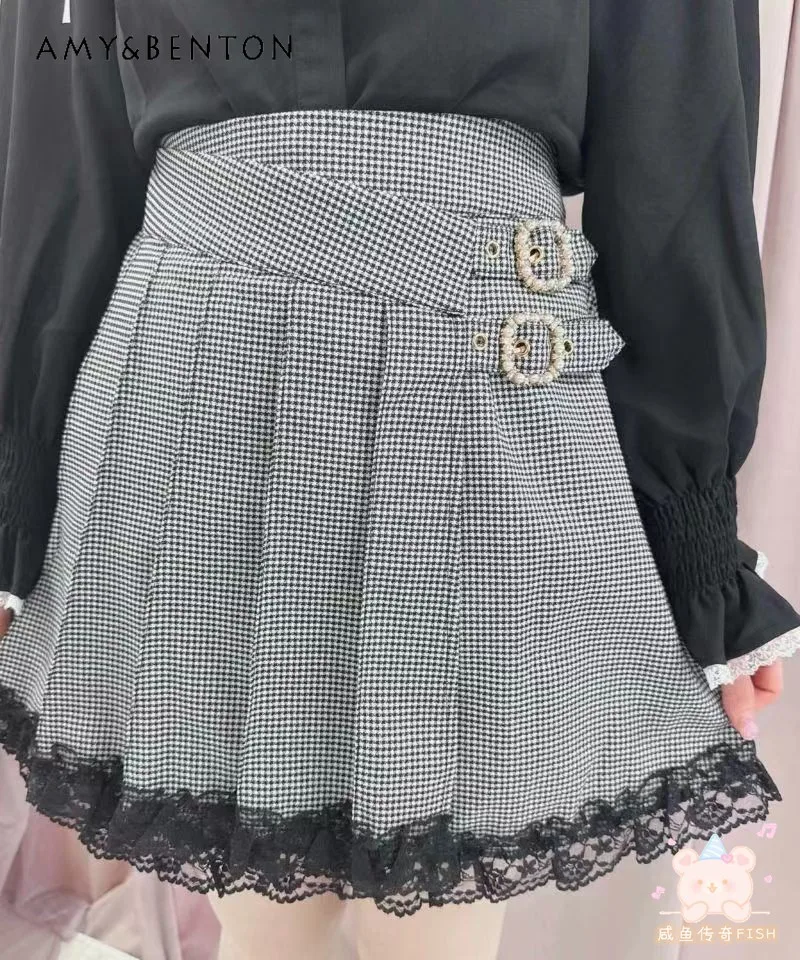 Rojita Japanese Rhinestone Plaid Skirt Women's Spring Autumn Elegant Lace Short Skirts College Style Pleated Skirt for Students