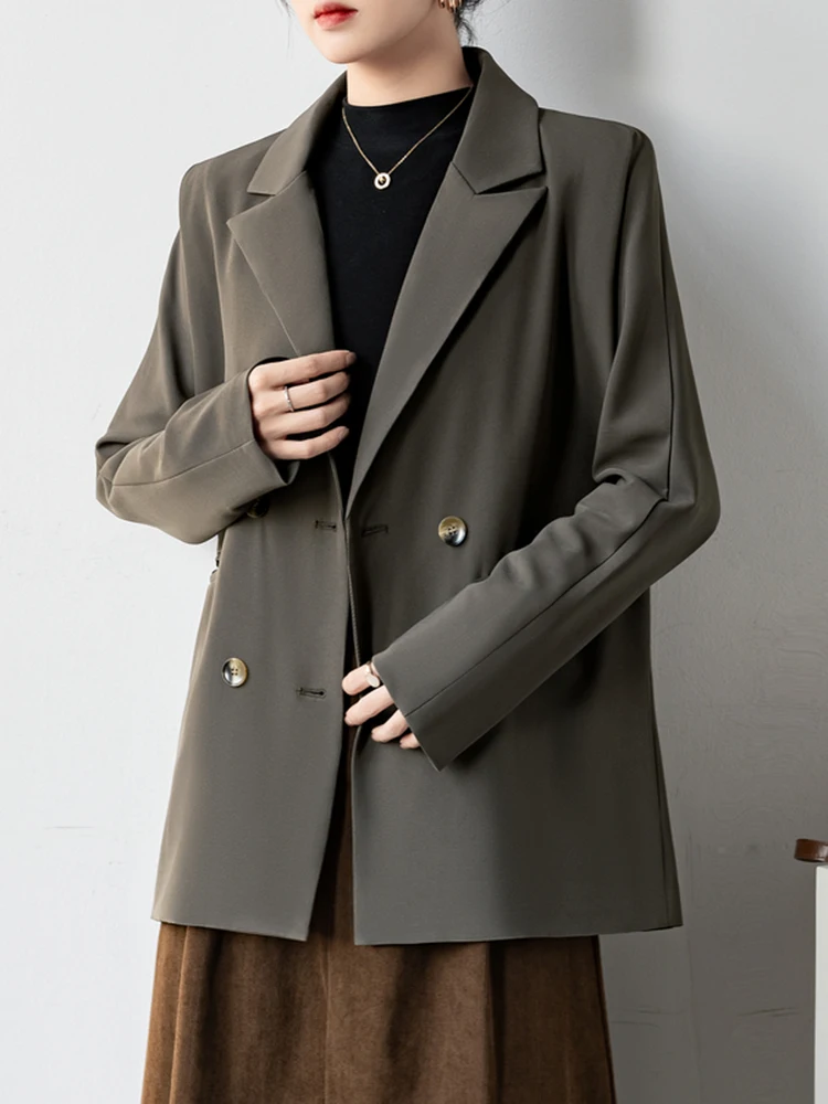 

QOERLIN Senior Grey Suit Jacket Women New Chic Casual Temperament Suit Tops Nothced Collar Long Sleeve Jacket Coat Office Ladies