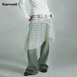 Karrcat Japanese Y2k Lace Skirt Grunge Aesthetics Vintage Irregular White Skirt Harajuku High Street Cut Out Skirt Korean Style
