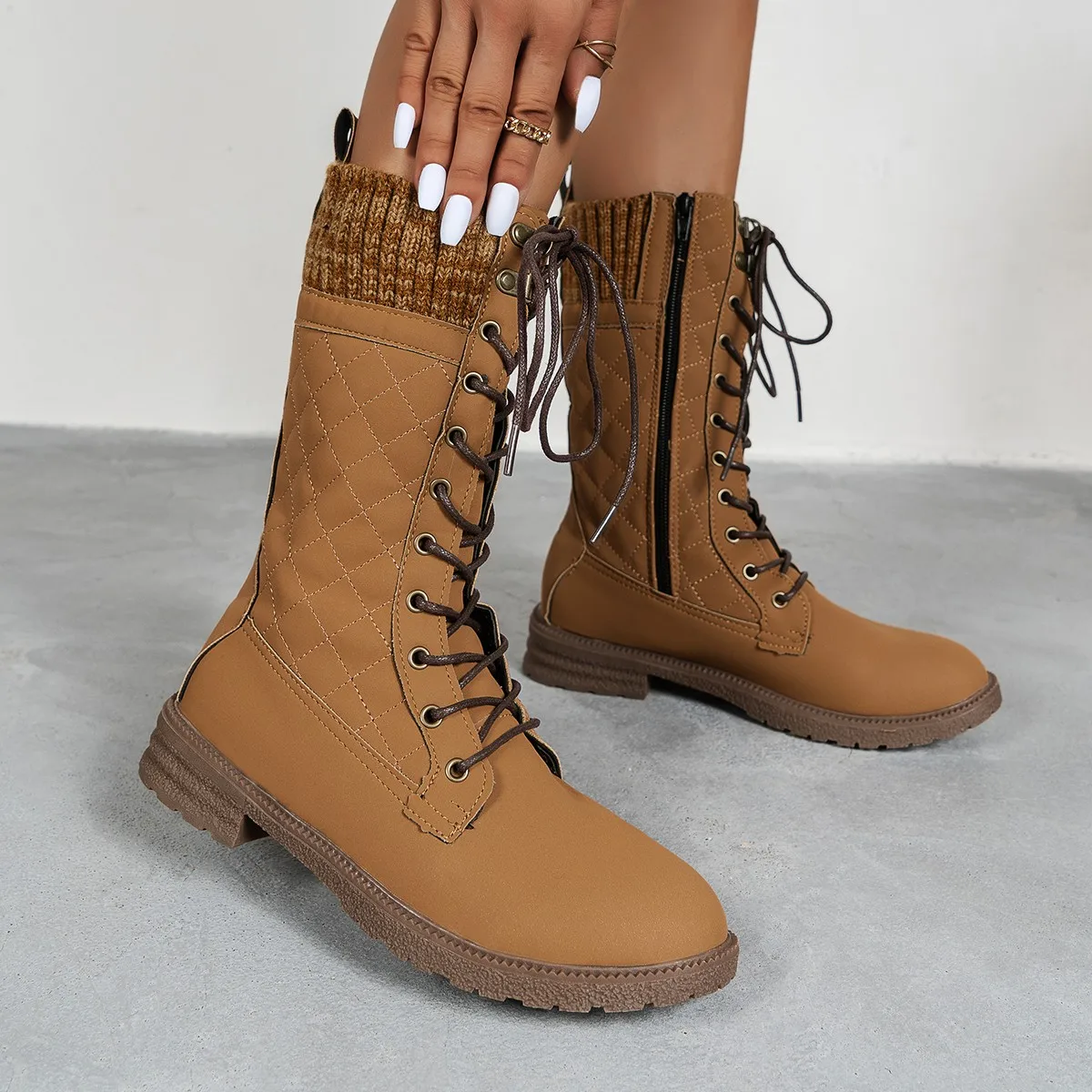 Women's Winter Side-pull Lace-up Knitted Mid-tube Boots Low-heeled Round-toe Boots High-quality Winter Warm Boots Botas De Mujer