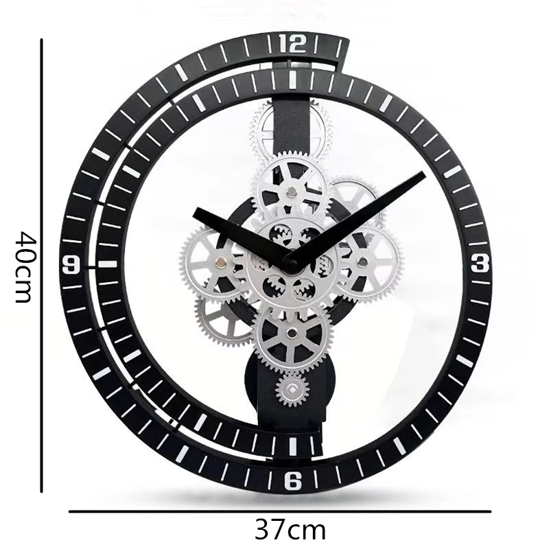 The Industrial Gear Wall Clock is a black mechanical clock that features an open center displaying silver exposed gears, embodying a modern industrial aesthetic. It measures 40cm in height and 37cm in width.