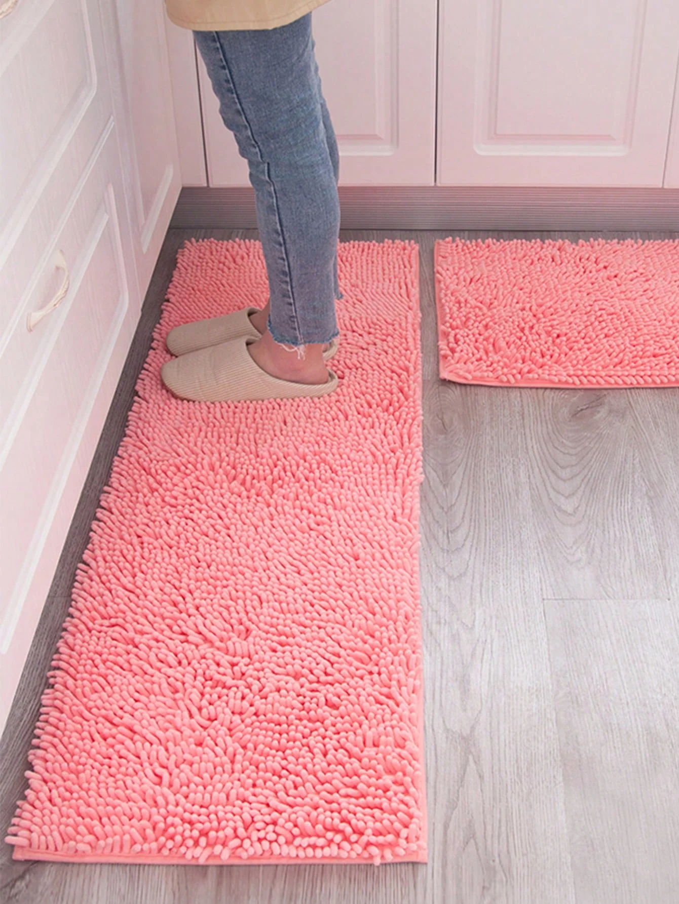 Allseason pink chenille kitchen bathroom carpet, nonslip absorbent