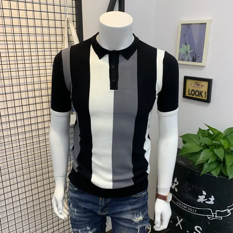 

2022 Summer Vintage Polo Shirt Men Stripe Print Patchwork Knitting Casual Lapel T Shirt Fashion Men Short Sleeve Polo Shirt R59