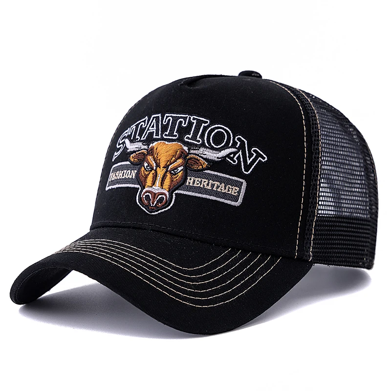 Unisex Summer Breathable Mesh Trucker Hat Bulls Head Pattern Baseball Cap Adjustable Snapback Hats For Men And Women