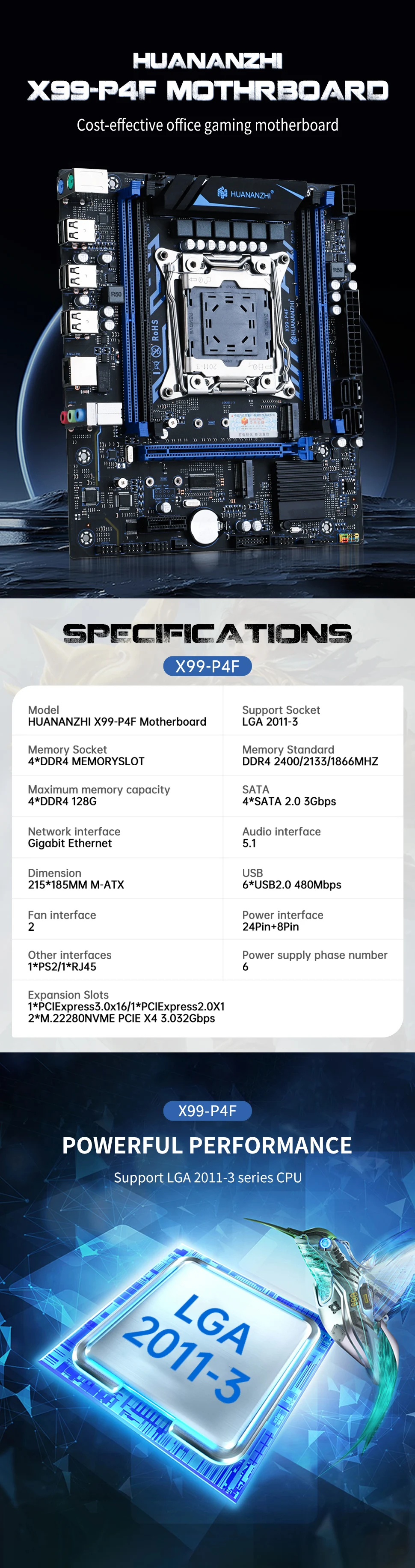 Description Picture 2 of itemHUANANZHI X99 P4F LGA 2011-3 XEON X99 Motherboard support Intel E5 V3 V4 All Series DDR4 RECC NON-ECC Memory NVME PU