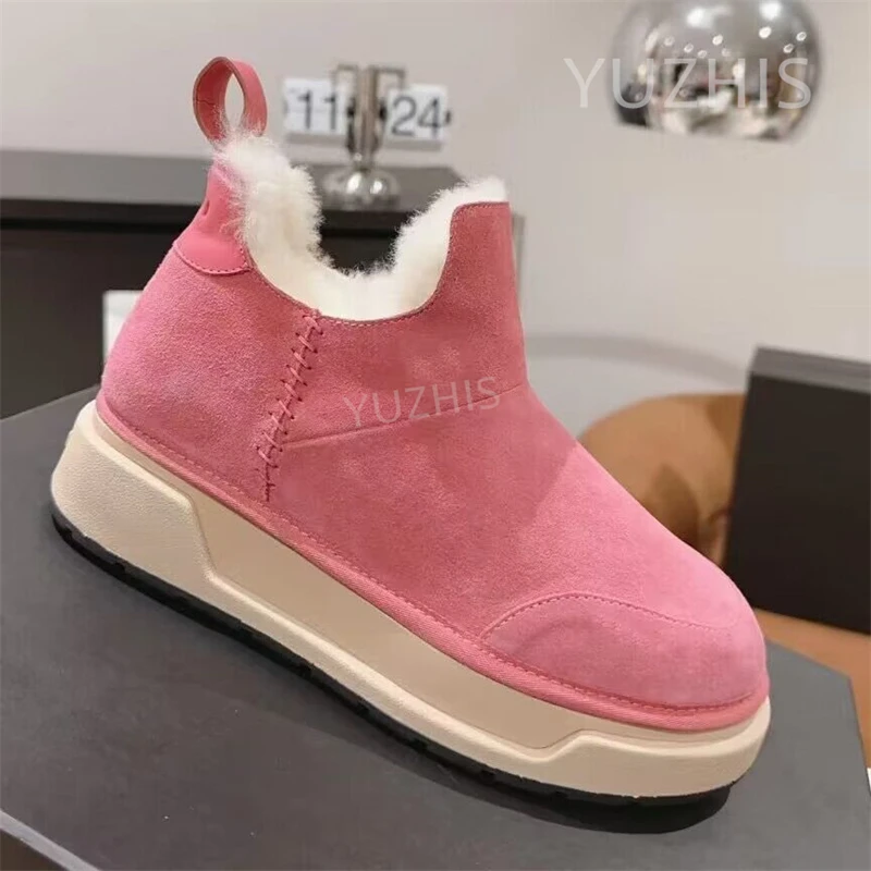 

Winter Flat Thick Soled Cow Suede Luxury Brand Snow Boots Women Round Toe Furry Platform Ankle Boots Warm Wool Short Botas