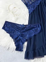 Ensemble de lingerie transparente bleue pour femmes, sous-vêtements, vêtements de nuit, robe de nuit en dentelle et culotte, pyjama, nuisette féminine 5