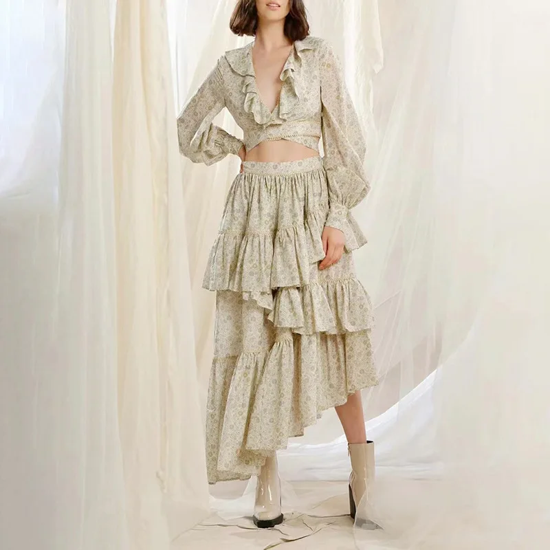 

2024 New V-neck Lace-up Short Top + Irregular Mid-length Skirt Two-piece Set