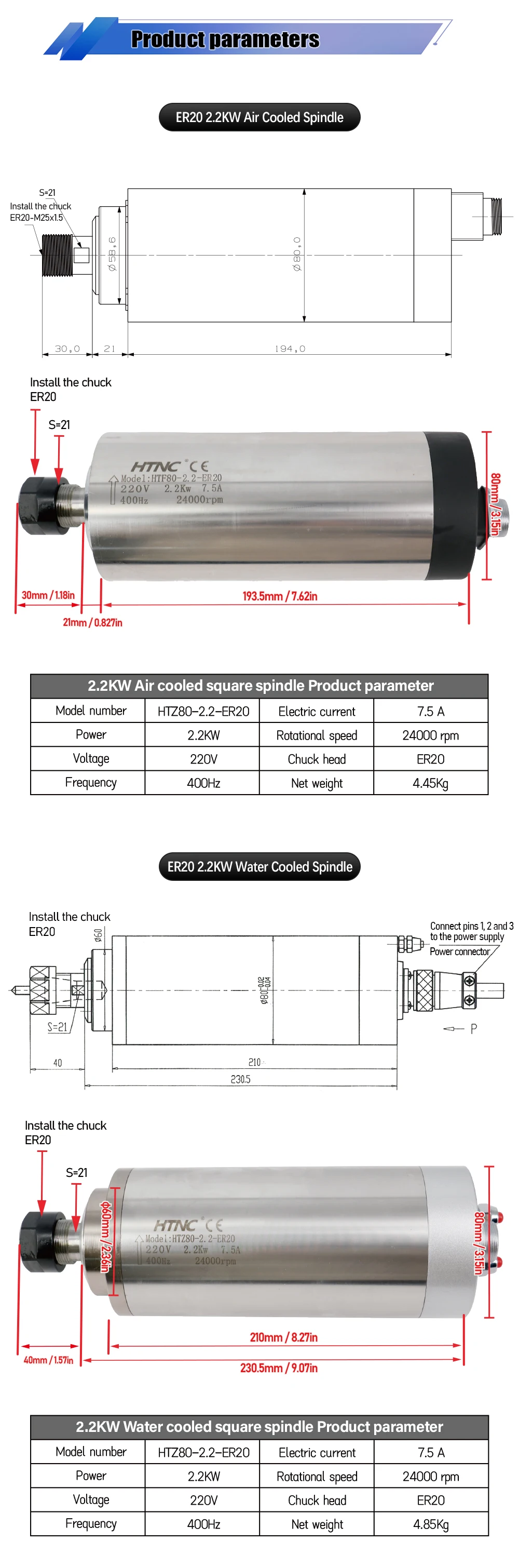 2200w 80mm Round Spindle Motor For wood aluminium soft metal ER20 400hz 24000rpm