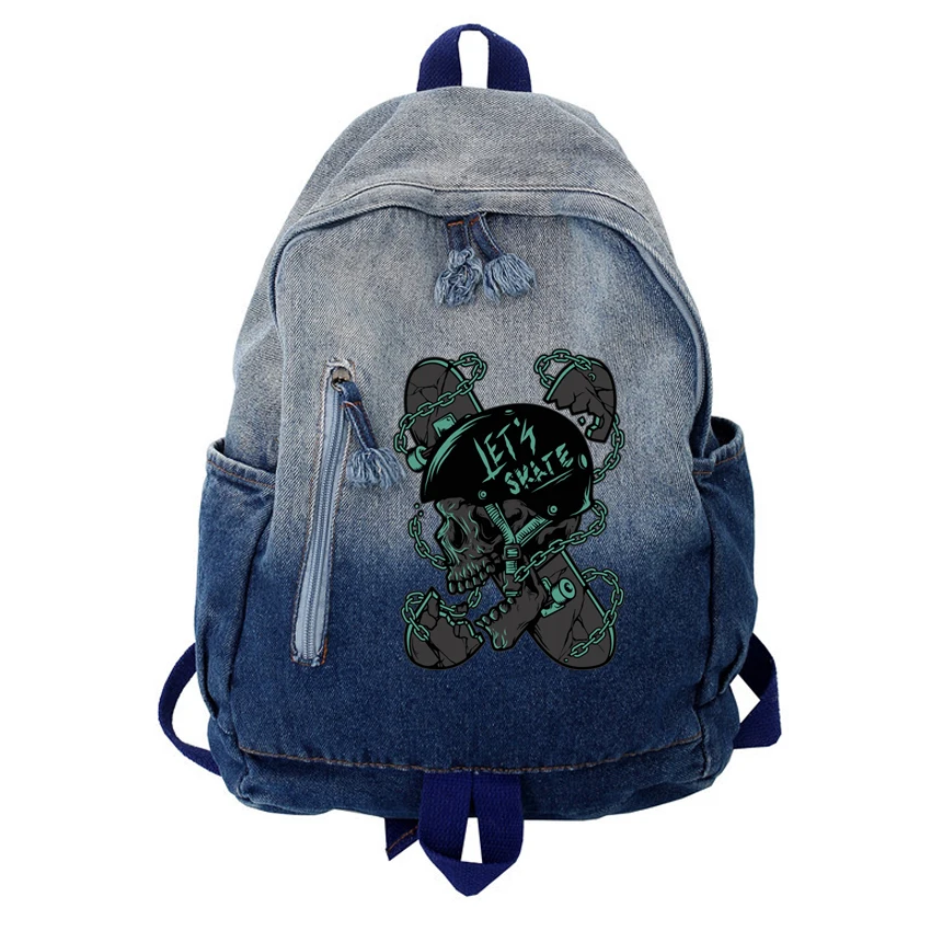 

Creative Rucksack Denim Double Shoulder Schoolbag Wear Retro Bagpack Street Skateboard Pattern Print Hip Hop Harajuku Backpack