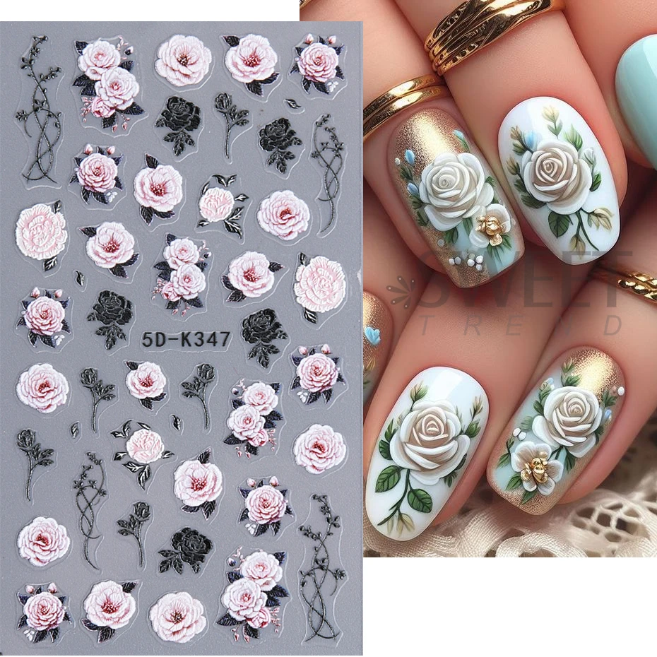 5D Embossed Nail Stickers Valentine‘s Day Red Rose Flower Self-Adhesive Sliders Decals Simple Ladies Manicure Decoration Foils 4