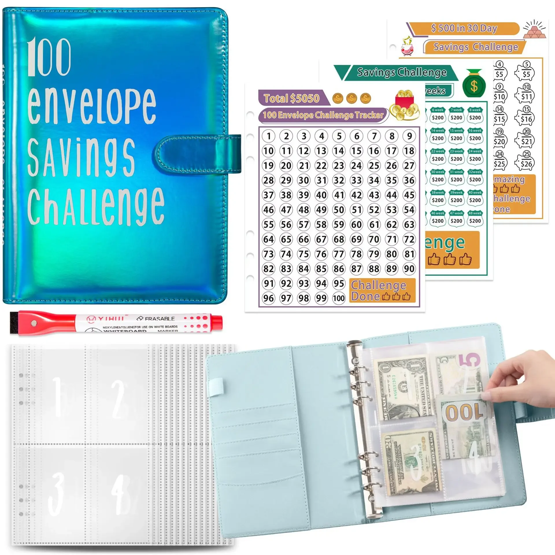 

100 Envelope Challenge Binder Easy and Fun Way to Save $5,050 Savings Challenges Binder Budget Binder with Cash Envelopes