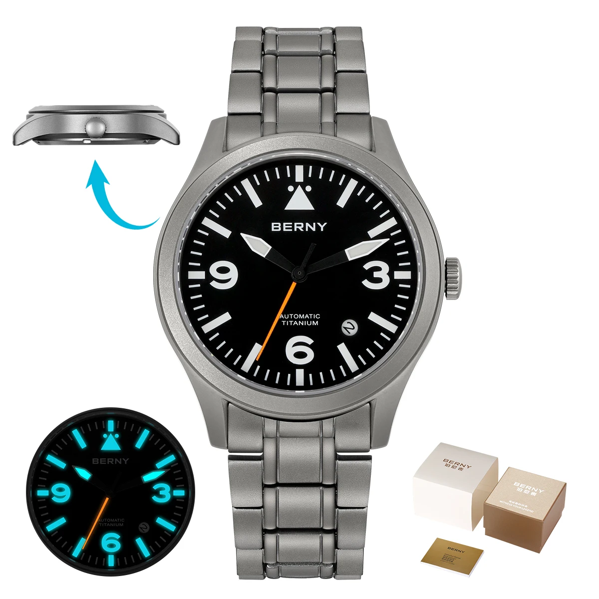 BERNY パイロットウォッチ フルチタン BERNY フルチタンメンズウォッチ超発光スポーツパイロットクォーツ時計