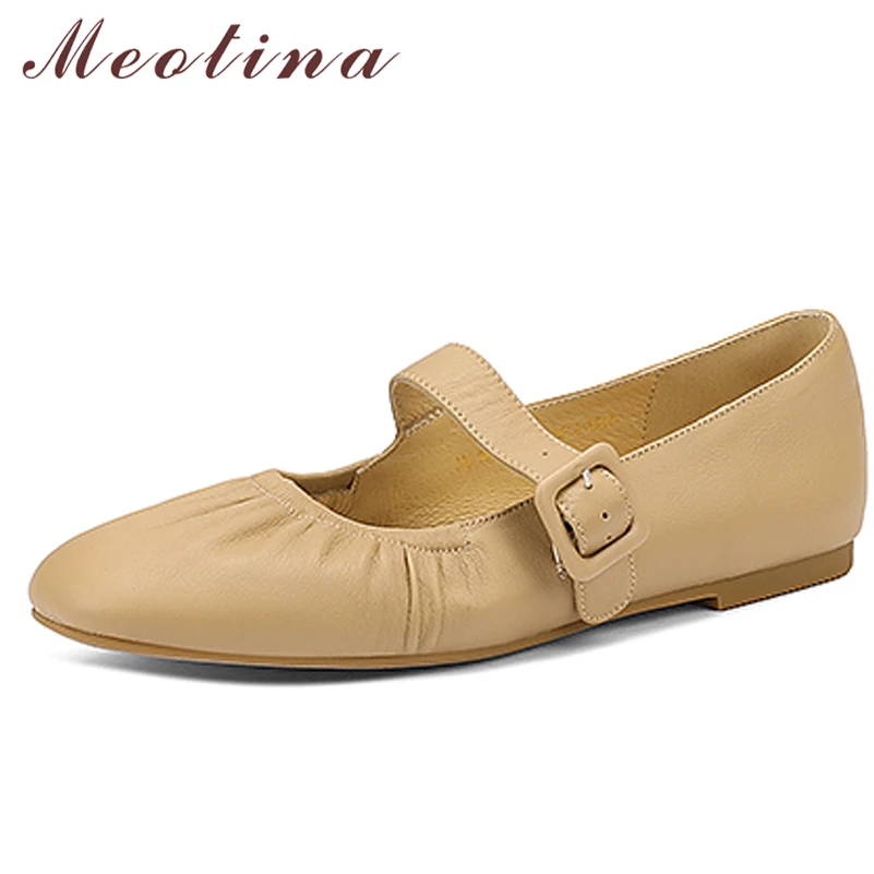 

Meotina Women Mary Janes Shoes Genuine Leather Flat Shoes Pointed Toe Buckle Causal Footwear Ladies Spring Wine Red Big Size 40