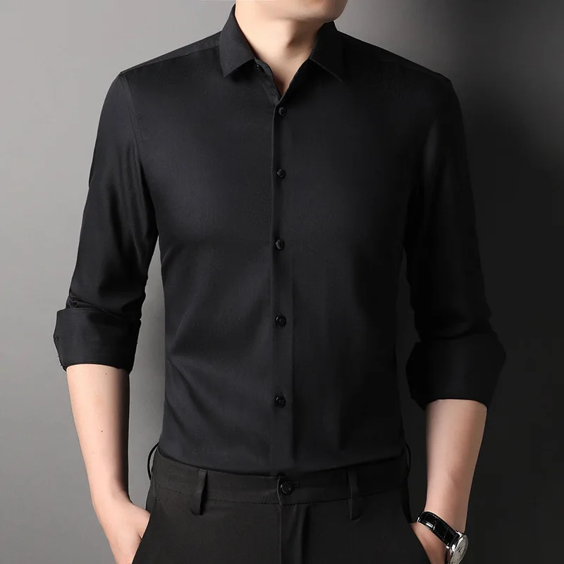 

2022 autumn new young and middle-aged men's long-sleeved shirts solid color elastic fashion light business trend non-iron shirts