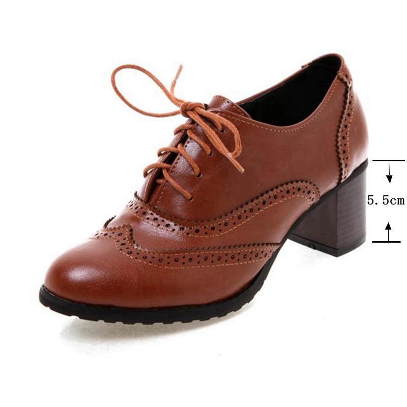 Women Pumps Round Toe 5.5cm Wood Heels Platform Brogue Retro Lace-Up