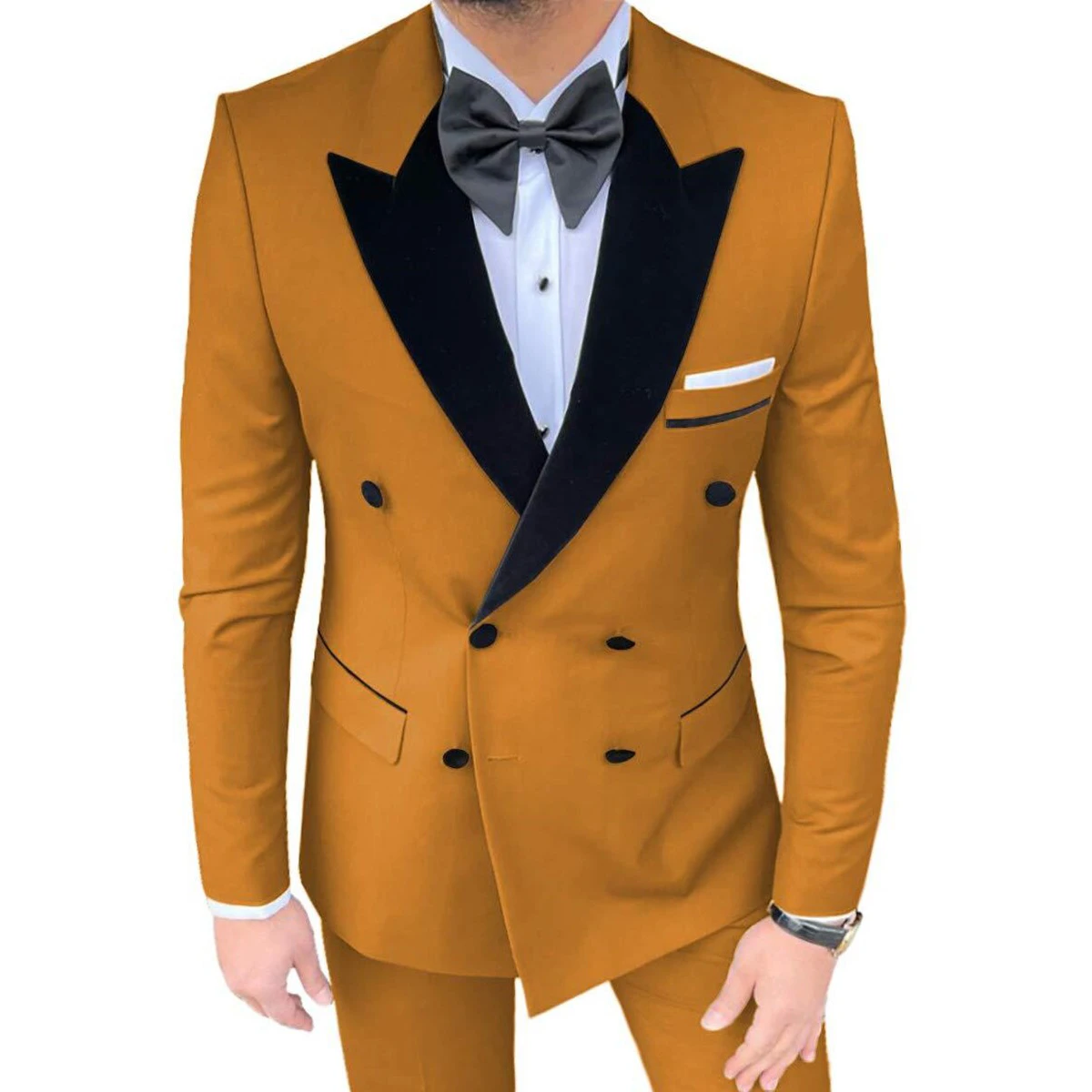 

Luxury Orange Men's Clothing Suits Blazer Formal Two Pcs Jacket Pants Black Peak Lapel Double Breasted Terno Masculinos Completo
