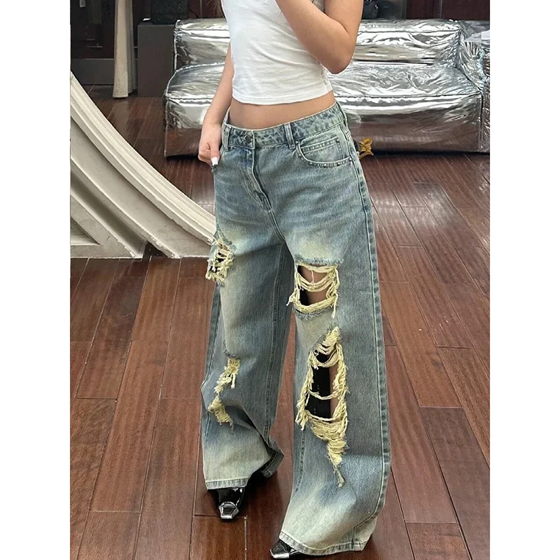 YIBASHU 2026 Summer Women's Ripped Denim Pants Y2K Men Wide Fit Baggy Jean Japanese Harajuku Jean Punk Tide Mom Jeans Boyfriend 2