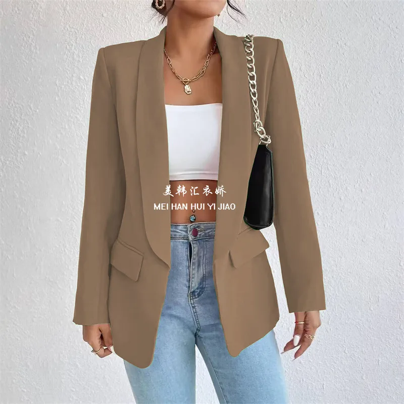 2024 Spring New Women Suit Fashion Korean Edition Slim Fit Suit Tie Pocket Womens Solid Office Commuter Long Sleeved Suit Jacket