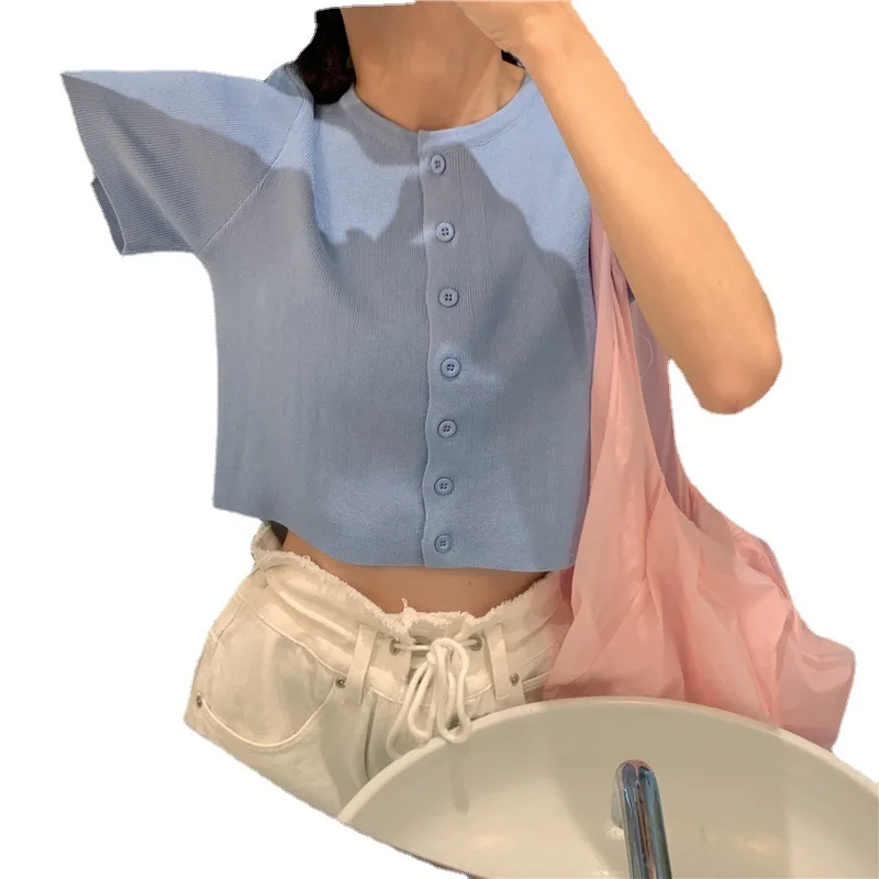 Women Slim Short Sleeve Knitted Cropped Sweater Top