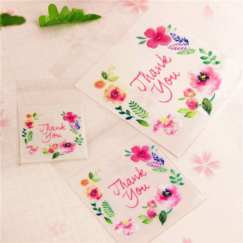 

100pcs Thank You Flower Pattern Gift Bag Self Adhesive Candy Cookie Bags Cellophane Bag Packing Bag Party Favor Bag (7 x 7 +