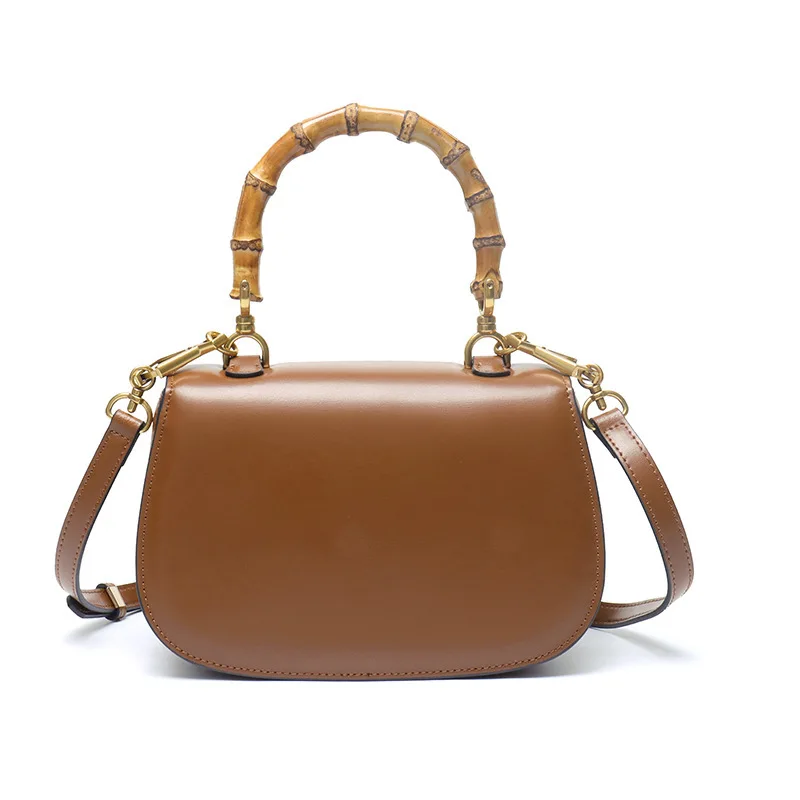 Genuine Leather Handbags for Women, Designer Bag, Luxury Natural Bamboo Handle Bags, High Quality Trend, Ladies Brand Handbags