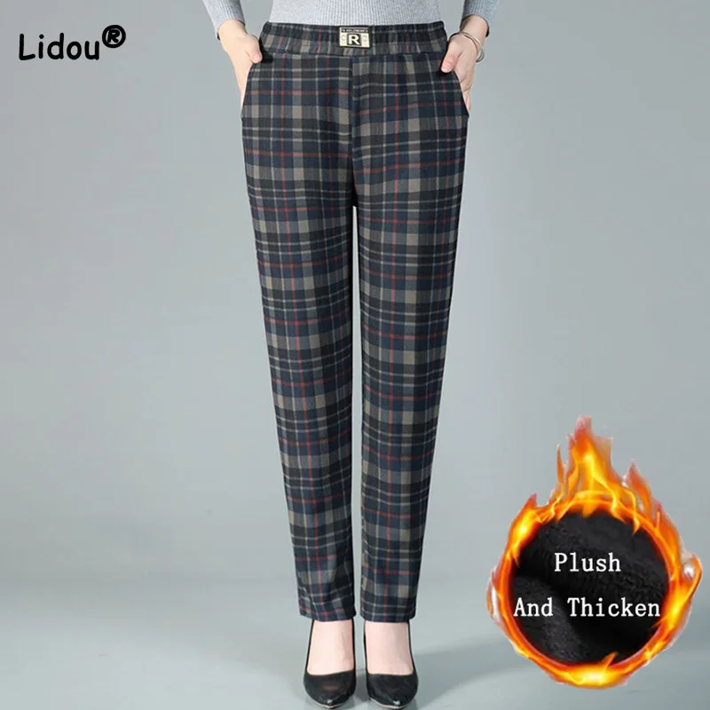 

Autumn Winter Plush and Thicken Trousers Lady Fashion Plaid Print Appliques Splicing Pockets Elastic High Waist Straight Pants