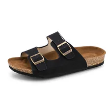  2022 New Summer Men's Cork Slippers Flats Flock Mule Clogs Sandals Soft Male Two Buckle Beach Slides Footwear For Men Shoe Black 
