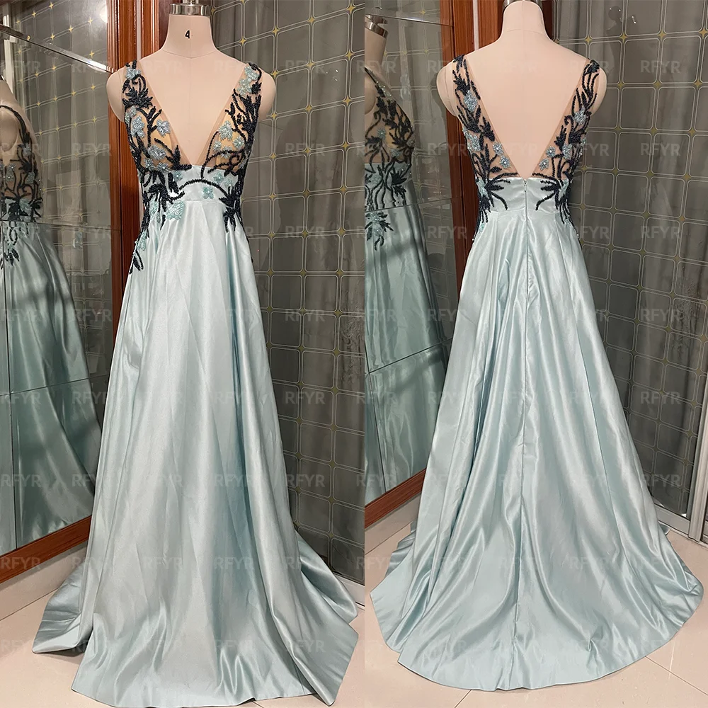 Spaghetti Strap Formal Dresses Deep V Neck Party Dress For Wedding Appliques Lace Special Occasion Dresses Customized Blue