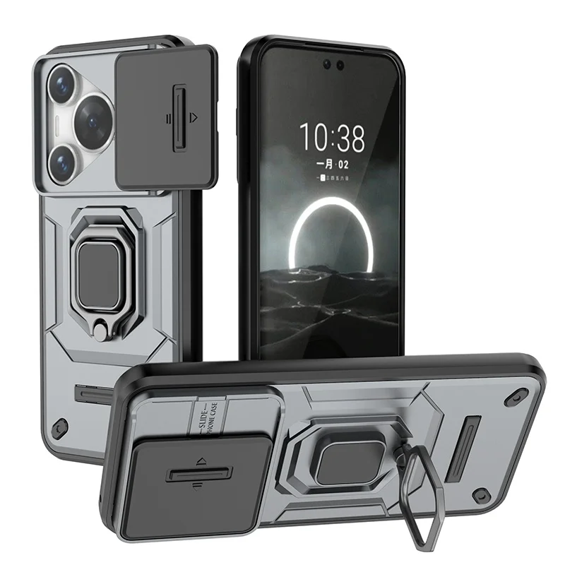 Shockproof Armor Phone Case with Slide Camera Lens Protector and Built-In Ring Stand